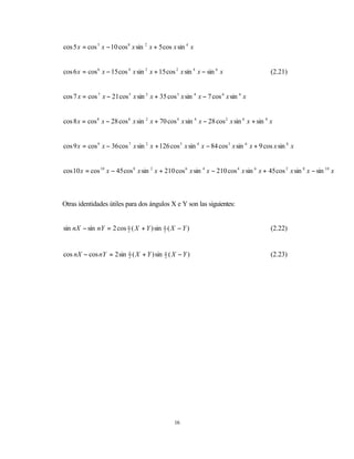 cos 5 x = cos 5 x − 10 cos 8 x sin 2 x + 5 cos x sin 4 x


cos 6 x = cos 6 x − 15 cos 4 x sin 2 x + 15 cos 2 x sin 4 x − sin 6 x                    (2.21)


cos 7 x = cos 7 x − 21 cos 5 x sin 2 x + 35 cos 3 x sin 4 x − 7 cos 6 x sin 6 x


cos 8 x = cos 8 x − 28 cos 6 x sin 2 x + 70 cos 4 x sin 4 x − 28 cos 2 x sin 6 x + sin 8 x


cos 9 x = cos 9 x − 36 cos 7 x sin 2 x + 126 cos 5 x sin 4 x − 84 cos 3 x sin 6 x + 9 cos x sin 8 x


cos 10 x = cos 10 x − 45 cos 8 x sin 2 x + 210 cos 6 x sin 4 x − 210 cos 4 x sin 6 x + 45 cos 2 x sin 8 x − sin 10 x



Otras identidades útiles para dos ángulos X e Y son las siguientes:


sin nX − sin nY = 2 cos n ( X + Y ) sin n ( X − Y )
                        2               2                                                (2.22)


cos nX − cos nY = 2 sin n ( X + Y ) sin n ( X − Y )
                        2               2                                                (2.23)




                                                16
 