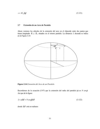 s = M m ∆ϕ                                                                 (3.121)




3.7    Extensión de un Arco de Paralelo


Ahora veremos los cálculos de la extensión del arco en el elipsoide entre dos p  untos que
tienen longitudes λ1 y λ2 , situados en el mismo paralelo. La distancia L deseada se indica
en la Figura 3.14:



                                                     p
                                              ∆λ             λ2

                                                λ1       L




Figura 3.14 Extensión del Arco de un Paralelo


Recordemos de la ecuación (3.97) que la extensión del radio del paralelo ( es N cosϕ
                                                                         p)
Así que de la figura:


L = p∆λ = N cos ϕ∆λ                                                        (3.122)


donde ∆λ está en radianes




                                        51
 