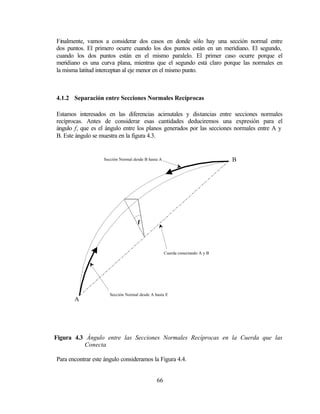 Finalmente, vamos a considerar dos casos en donde sólo hay una sección normal entre
dos puntos. El primero ocurre cuando los dos puntos están en un meridiano. El segundo,
cuando los dos puntos están en el mismo paralelo. El primer caso ocurre porque el
meridiano es una curva plana, mientras que el segundo está claro porque las normales en
la misma latitud interceptan al eje menor en el mismo punto.



4.1.2 Separación entre Secciones Normales Recíprocas

Estamos interesados en las diferencias acimutales y distancias entre secciones normales
recíprocas. Antes de considerar esas cantidades deduciremos una expresión para el
ángulo f, que es el ángulo entre los planos generados por las secciones normales entre A y
B. Este ángulo se muestra en la figura 4.3.


                   Sección Normal desde B hasta A                             B




                                    f



                                                    Cuerda conectando A y B




                      Sección Normal desde A hasta B
       A




Figura 4.3 Ángulo entre las Secciones Normales Recíprocas en la Cuerda que las
          Conecta

Para encontrar este ángulo consideramos la Figura 4.4.


                                              66
 