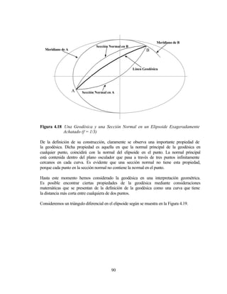 Meridiano de B
                                 Sección Normal en B
   Meridiano de A                                              B



                                                       Línea Geodésica




                    A    Sección Normal en A




Figura 4.18 Una Geodésica y una Sección Normal en un Elipsoide Exageradamente
            Achatado (f = 1/3)

De la definición de su construcción, claramente se observa una importante propiedad de
la geodésica. Dicha propiedad es aquella en que la normal principal de la geodésica en
cualquier punto, coincidirá con la normal del elipsoide en el punto. La normal principal
está contenida dentro del plano osculador que pasa a través de tres puntos infinitamente
cercanos en cada curva. Es evidente que una sección normal no tiene esta propiedad,
porque cada punto en la sección normal no contiene la normal en el punto.

Hasta este momento hemos considerado la geodésica en una interpretación geométrica.
Es posible encontrar ciertas propiedades de la geodésica mediante consideraciones
matemáticas que se presentan de la definición de la geodésica como una curva que tiene
la distancia más corta entre cualquiera de dos puntos.

Consideremos un triángulo diferencial en el elipsoide según se muestra en la Figura 4.19.




                                          90
 