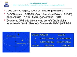 Cada país ou região, adota um datum geodésico
 O SGB adota o SAD-69 (South American Datum of 1969)
- topocêntrico - e o SIRGAS - geocêntrico - 2004
 O sistema GPS adota o sistema de referência global,
denominado “World Geodetic System de 1984” (WGS-84
Semi-eixo maiorSemi-eixo maior
Semi-eixo menorSemi-eixo menor
b
a
DATUM WGS-84 SAD-69
a 6.378.137,000m 6.378.160,000m
b 6.356.752,310m 6.356.774,719m
f=(a-b)/a 1/298,257m 1/298,25m
Prof. Artur Caldas Brandão
UFBA - Escola Politécnica – Laboratório de Geomensura - www.geodesia.ufba.br
 