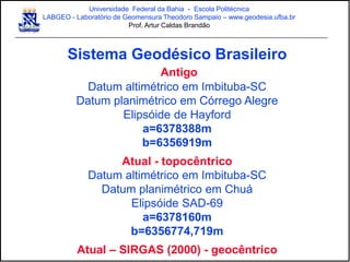 Sistema Geodésico Brasileiro
Antigo
Datum altimétrico em Imbituba-SC
Datum planimétrico em Córrego Alegre
Elipsóide de Hayford
a=6378388m
b=6356919m
Atual - topocêntrico
Datum altimétrico em Imbituba-SC
Datum planimétrico em Chuá
Elipsóide SAD-69
a=6378160m
b=6356774,719m
Atual – SIRGAS (2000) - geocêntrico
Universidade Federal da Bahia - Escola Politécnica
LABGEO - Laboratório de Geomensura Theodoro Sampaio – www.geodesia.ufba.br
Prof. Artur Caldas Brandão
 