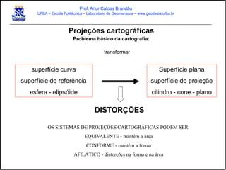 Projeções cartográficas
Problema básico da cartografia:
transformar
superfície curva
superfície de referência
esfera - elipsóide
Superfície plana
superfície de projeção
cilindro - cone - plano
DISTORÇÕES
OS SISTEMAS DE PROJEÇÕES CARTOGRÁFICAS PODEM SER:
EQUIVALENTE - mantém a área
CONFORME - mantém a forma
AFILÁTICO - distorções na forma e na área
Prof. Artur Caldas Brandão
UFBA – Escola Politécnica – Laboratório de Geomensura – www.geodesia.ufba.br
 
