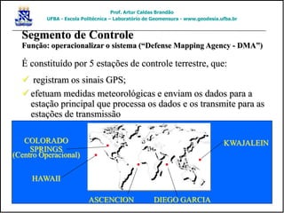 Segmento de Controle
Função: operacionalizar o sistema (“Defense Mapping Agency - DMA”)
É constituído por 5 estações de controle terrestre, que:
 registram os sinais GPS;
 efetuam medidas meteorológicas e enviam os dados para a
estação principal que processa os dados e os transmite para as
estações de transmissão
HAWAII
COLORADO
SPRINGS
ASCENCION DIEGO GARCIA
KWAJALEIN
(Centro Operacional)
Prof. Artur Caldas Brandão
UFBA - Escola Politécnica – Laboratório de Geomensura - www.geodesia.ufba.br
 