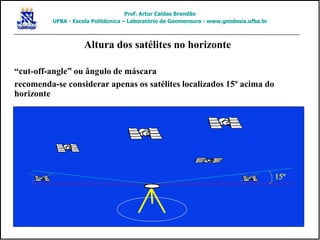 Altura dos satélites no horizonte
“cut-off-angle” ou ângulo de máscara
recomenda-se considerar apenas os satélites localizados 15º acima do
horizonte
15º
Prof. Artur Caldas Brandão
UFBA - Escola Politécnica – Laboratório de Geomensura - www.geodesia.ufba.br
 