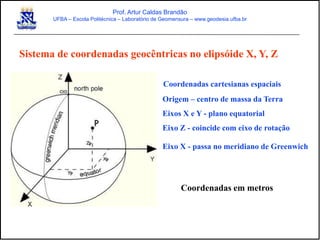 Sistema de coordenadas geocêntricas no elipsóide X, Y, Z
Coordenadas cartesianas espaciais
Origem – centro de massa da Terra
Eixos X e Y - plano equatorial
Eixo Z - coincide com eixo de rotação
Eixo X - passa no meridiano de Greenwich
Coordenadas em metros
Prof. Artur Caldas Brandão
UFBA – Escola Politécnica – Laboratório de Geomensura – www.geodesia.ufba.br
 