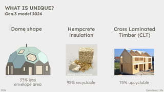 WHAT IS UNIQUE?
Gen.3 model 2024
33% less
envelope area
Dome shape Hempcrete
insulation
Cross Laminated
Timber (CLT)
75% upcyclable
95% recyclable
2024
Hemp + Limestone