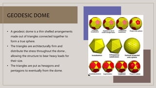 GEODESIC DOME
• A geodesic dome is a thin shelled arrangements
made out of triangles connected together to
form a true sphere.
• The triangles are architecturally firm and
distribute the stress throughout the dome ,
allowing the structure to bear heavy loads for
their size.
• The triangles are put as hexagons and
pentagons to eventually from the dome.
 