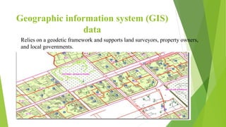 Geographic information system (GIS)
data
Relies on a geodetic framework and supports land surveyors, property owners,
and local governments.
 