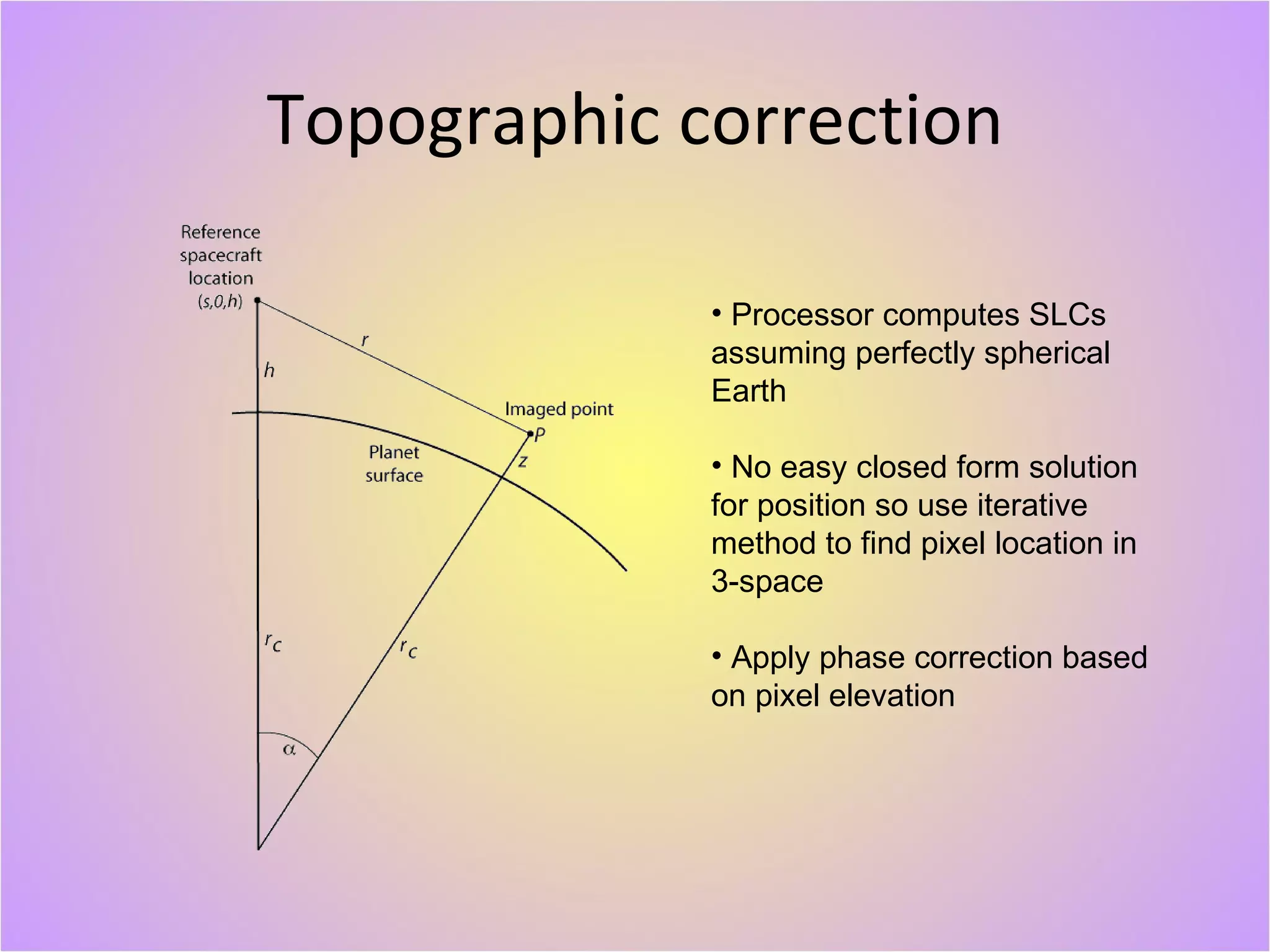 Topographic correction Processor computes SLCs assuming perfectly spherical Earth No easy closed form solution for position so use iterative method to find pixel location in 3-space Apply phase correction based on pixel elevation 