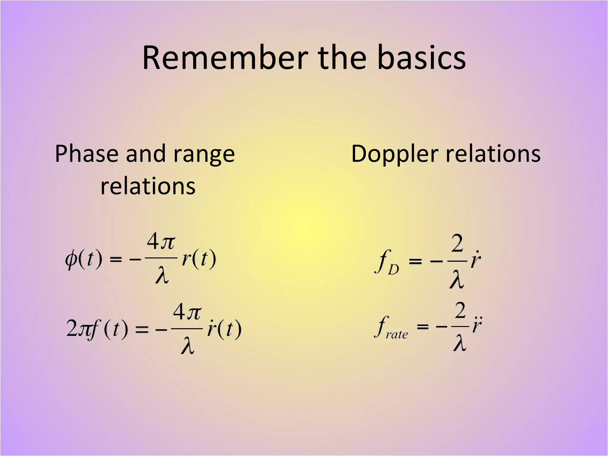 Remember the basics Phase and range  relations Doppler relations 