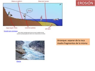 EROSIÓN




Erosión por arranque




                            Arranque: separar de la roca
                            madre fragmentos de la misma




                  Glaciar
 