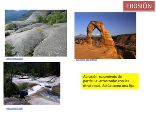 EROSIÓN




Abrasión glaciar   Abrasión por viento




                         Abrasión: rozamiento de
                         partículas arrastradas con las
                         otras rocas. Actúa como una lija.




Abrasión fluvial
 