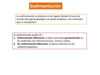 Sedimentación
   La sedimentación se produce en los lugares donde la fuerza de
   arrastre del agente geológico no puede desplazar a los materiales
   que se transportan.




La sedimentación puede ser:
1. Sedimentación diferencial, es decir que existe granoselección en
    los ambientes con influencia fluvial,, marina y eólica.
2. Sin sedimentación diferencial, sin grano selección en los
    ambientes glaciares.
 