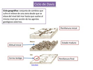 Ciclo de Davis
Ciclo geográfico: conjunto de cambios que
sufre el relieve de una zona desde que se
eleva del nivel del mar hasta que vuelve al
mismo nivel por acción de los agentes
geológicos externos.

                                                    Penillanura inicial




                                                      Estado maduro
      Altitud inicial




      Cerros testigo                               Penillanura final

                              Ciclo Davis
 