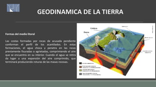 GEODINAMICA DE LA TIERRA
Formas del medio litoral
Las costas formadas por rocas de acusada pendiente
conforman el perfil de los acantilados. En estas
formaciones, el agua choca y penetra en las rocas
previamente fisuradas o agrietadas, comprimiendo el aire
que se encuentra en su interior. Cuando el agua se retira
da lugar a una expansión del aire comprimido, que
terminará produciendo roturas de las masas rocosas.
 