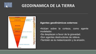 GEODINAMICA DE LA TIERRA
Agentes geodinámicos externos:
•Actúan sobre la corteza, como agente
modelador.
•Se desplazan a favor de la gravedad.
•Son agentes destructores de relieve.
•También es la meteorización y la erosión.
 