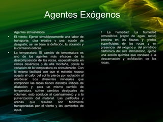 Agentes Exógenos
Agentes atmosféricos
• El viento: Ejerce simultáneamente una labor de
transporte, otra erosiva y una acción de
desgaste; así se tiene la deflación, la abrasión y
la corrasión eólicas.
• La temperatura: El cambio de temperatura es
uno de los agentes más eficaces de la
descomposición de las rocas, especialmente en
climas desérticos o de alta montaña, donde la
variación de la temperatura es considerable. Con
la misma facilidad con que el material rocoso
acepta el calor del sol lo pierde por radiación al
atardecer. Los diferentes minerales que
componen las rocas tienen distintos índices de
dilatación y, para un mismo cambio de
temperatura, sufren cambios desiguales de
volumen; esto conduce al cuarteamiento y a la
pulverización del material. Las partículas y
arenas que resultan son fácilmente
transportadas por el viento y las corrientes de
agua.
• La humedad: La humedad
atmosférica (vapor de agua, rocío)
penetra en las fisuras y grietas
superficiales de las rocas y en
presencia del oxígeno y del anhídrido
carbónico del aire atmosférico, ejerce
una acción química que conduce a la
descamación y exfoliación de las
rocas.
 