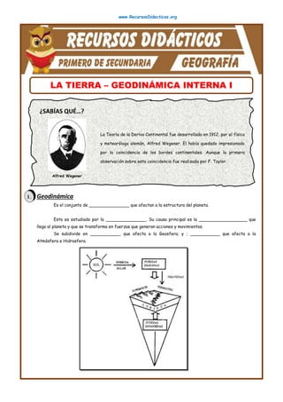 www.RecursosDidacticos.org
¿SABÍAS QUÉ…?
La Teoría de la Deriva Continental fue desarrollada en 1912, por el físico
y meteorólogo alemán, Alfred Wegener. El había quedado impresionado
por la coincidencia de los bordes continentales. Aunque la primera
observación sobre esta coincidencia fue realizada por F. Taylor.
LA TIERRA – GEODINÁMICA INTERNA I
1. Geodinámica
Es el conjunto de _______________ que afectan a la estructura del planeta.
Esto es estudiado por la _______________. Su causa principal es la __________________ que
llega al planeta y que se transforma en fuerzas que generan acciones y movimientos.
Se subdivide en ___________, que afecta a la Geosfera; y ; ___________ que afecta a la
Atmósfera e Hidrosfera.
Alfred Wegener
 