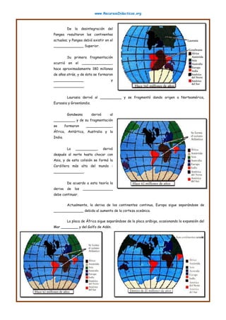 www.RecursosDidacticos.org
De la desintegración del
Pangea resultaron los continentes
actuales; y Pangea debió existir en el
______________ Superior.
Su primera fragmentación
ocurrió en el ______________,
hace aproximadamente 180 millones
de años atrás, y de ésta se formaron
______________ y
______________.
Laurasia derivó al __________ y se fragmentó dando origen a Norteamérica,
Euroasia y Groenlandia.
Gondwana derivó al
__________ y de su fragmentación
se formaron ____________,
África, Antártica, Australia y la
India.
La __________, derivó
después al norte hasta chocar con
Asia, y de esta colisión se formó la
Cordillera más alta del mundo :
______________.
De acuerdo a esta teoría la
deriva de los ______________
debe continuar.
Actualmente, la deriva de los continentes continua, Europa sigue separándose de
______________ debido al aumento de la corteza oceánica.
La placa de África sigue separándose de la placa arábiga, ocasionando la expansión del
Mar ________ y del Golfo de Adén.
 
