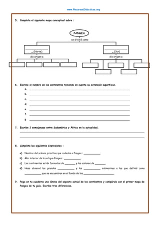 www.RecursosDidacticos.org
5. Completa el siguiente mapa conceptual sobre :
6. Escribe el nombre de los continentes teniendo en cuenta su extensión superficial.
a. __________________________________________________________________
b. __________________________________________________________________
c. __________________________________________________________________
d. __________________________________________________________________
e. __________________________________________________________________
f. __________________________________________________________________
g. __________________________________________________________________
7. Escribe 2 semejanzas entre Sudamérica y África en la actualidad.
__________________________________________________________________________________
__________________________________________________________________________________
8. Completa las siguientes expresiones :
a) Nombre del océano primitivo que rodeaba a Pangea : ___________.
b) Mar interior de la antigua Pangea : ___________.
c) Los continentes están formados de _______ y los océanos de _______.
d) Hess observó las grandes ___________ y las ___________ submarinas a las que definió como
___________ que se encuentran en el fondo de los ____________________.
9. Pega en tu cuaderno una lámina del aspecto actual de los continentes y compáralo con el primer mapa de
Pangea de tu guía. Escribe tres diferencias.
PANGEA
se dividió como
:
_______________
_ (Norte)
dio origen a
:
_______________
_ (Sur)
dio origen a
:
 