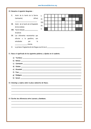 www.RecursosDidacticos.org
10. Resuelve el siguiente Geograma :
I. Autor de la teoría de la Deriva
Continental, Alfred
_________________________.
II. Autor de la teoría de la Expansión
de los océanos.
III. Teoría llamada _______________
de placas.
IV. Los diferentes movimientos que
afectan a la geosfera, son
estudiados por la
______________ interna.
V. La primera fragmentación de Pangea ocurrió en el ____________________
11. Busca el significado de las siguientes palabras y cópialas en el cuaderno.
a) Tectónica ____________________________________________________________________
b) Relieve ______________________________________________________________________
c) Continente ___________________________________________________________________
d) Océano ______________________________________________________________________
e) Gravedad ____________________________________________________________________
f) Fosa ________________________________________________________________________
g) Endógena ____________________________________________________________________
h) Dorsal ______________________________________________________________________
12. Investiga y explica sobre la placa submarina de Nazca.
__________________________________________________________________________________
__________________________________________________________________________________
__________________________________________________________________________________
__________________________________________________________________________________
13. Escribe dos diferencias entre Laurasia y Gondwana.
__________________________________________________________________________________
__________________________________________________________________________________
__________________________________________________________________________________
I.
II.
III.
IV.
V.
 