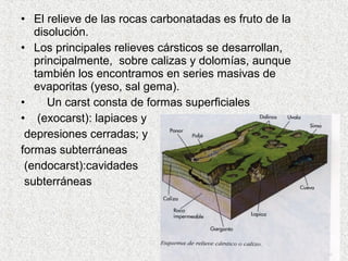 • El relieve de las rocas carbonatadas es fruto de la
   disolución.
• Los principales relieves cársticos se desarrollan,
   principalmente, sobre calizas y dolomías, aunque
   también los encontramos en series masivas de
   evaporitas (yeso, sal gema).
•     Un carst consta de formas superficiales
• (exocarst): lapiaces y
 depresiones cerradas; y
formas subterráneas
 (endocarst):cavidades
 subterráneas
 