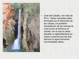 •   Cola del Caballo, con más de
    50 m., Estas cascadas están
    formadas por la disolución de
    las calizas y la posterior
    precipitación de las mismas la
    cual ocurre al disminuir el
    caudal, con lo que la caliza
    disuelta va depositándose en
    capas sucesivas por las que
    discurre el agua formando
    innumerables saltos.
 