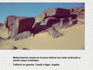 Meteorización mayor en la zona inferior por estar enterrado y
existir mayor humedad.
Taffonis en granito. Tassili n'Ajjer, Argelia
 