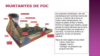 Les erupcions volcàniques, són una
manifestació de l’activitat interna de
la terra. L’interior de la terra es
troba a altes temperatures, les
roques es poden arribar a fondre,
formen el magma que tendeix a pujar
perquè té menys densitat que la roca.
Si el magma troba una esquerda o
una falla, i la fractura arriba a la
superfície, té lloc un fenomen
volcànic.

Tipus de volcà segons el seu estat:
    • Actiu: emet lava
    • Apagat: inactiu
    • Extingit: no produeix cap
    erupció mai més.
 