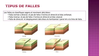 Les falles es classifiques segons el moviment dels blocs:
     • Falla normal o directa: el pla de falla s’inclina en direcció al bloc enfonsat.
     • Falla inversa: el pla de falla s’inclina en direcció al bloc aixecat
     • Falla de direcció: el desplaçament dels blocs és horitzontal i paral·lel a la línia de falla.
 
