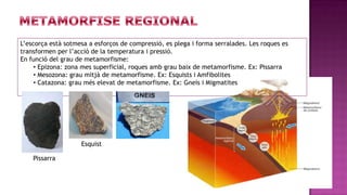 L’escorça està sotmesa a esforços de compressió, es plega i forma serralades. Les roques es
transformen per l’acció de la temperatura i pressió.
En funció del grau de metamorfisme:
     • Epizona: zona mes superficial, roques amb grau baix de metamorfisme. Ex: Pissarra
     • Mesozona: grau mitjà de metamorfisme. Ex: Esquists i Amfibolites
     • Catazona: grau més elevat de metamorfisme. Ex: Gneis i Migmatites




                    Esquist

    Pissarra
 