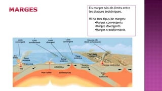 Els marges són els límits entre
les plaques tectòniques.

Hi ha tres tipus de marges:
    •Marges convergents
    •Marges divergents
    •Marges transformants
 