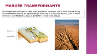 Els marges transformants són zones on es produeix un lliscament lateral entre plaques al llarg
d'una falla transformant. En aquests marges no es crea ni es destrueix escorça, però hi ha una
intensitat activitat sísmica causada per la forta fricció entre plaques.
 
