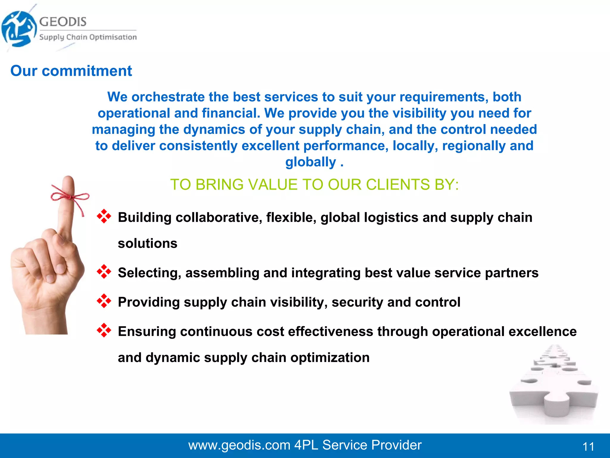 www.geodis.com 4PL Service Provider Packaging Solutions The foam has unique cushioning properties, expands in seconds to form pads that fit the size of the pieces. The filling of this material, unlike the rest, is solid and compact, not divisible as Styrofoam pellets, cubes of polystyrene or similar. Protects parts against their damage, and provide security to withstand a free fall of up to 1 meter in height, without breaking the box, during shipping, storage, handling and distribution.  According to our customers needs and High Tech market standards, we have the most comprehensive packaging solution: expandable polyurethane foam The products included within the lines of System Board, Tapes, Modems, Floppy disk drive, LCD, CD-ROM, DVD and Hard Drives, etc. have antistatic bags with a thickness of not less than 50 microns.  We also provide specific solutions for the control and traceability and / or Asset Protection requirements.  