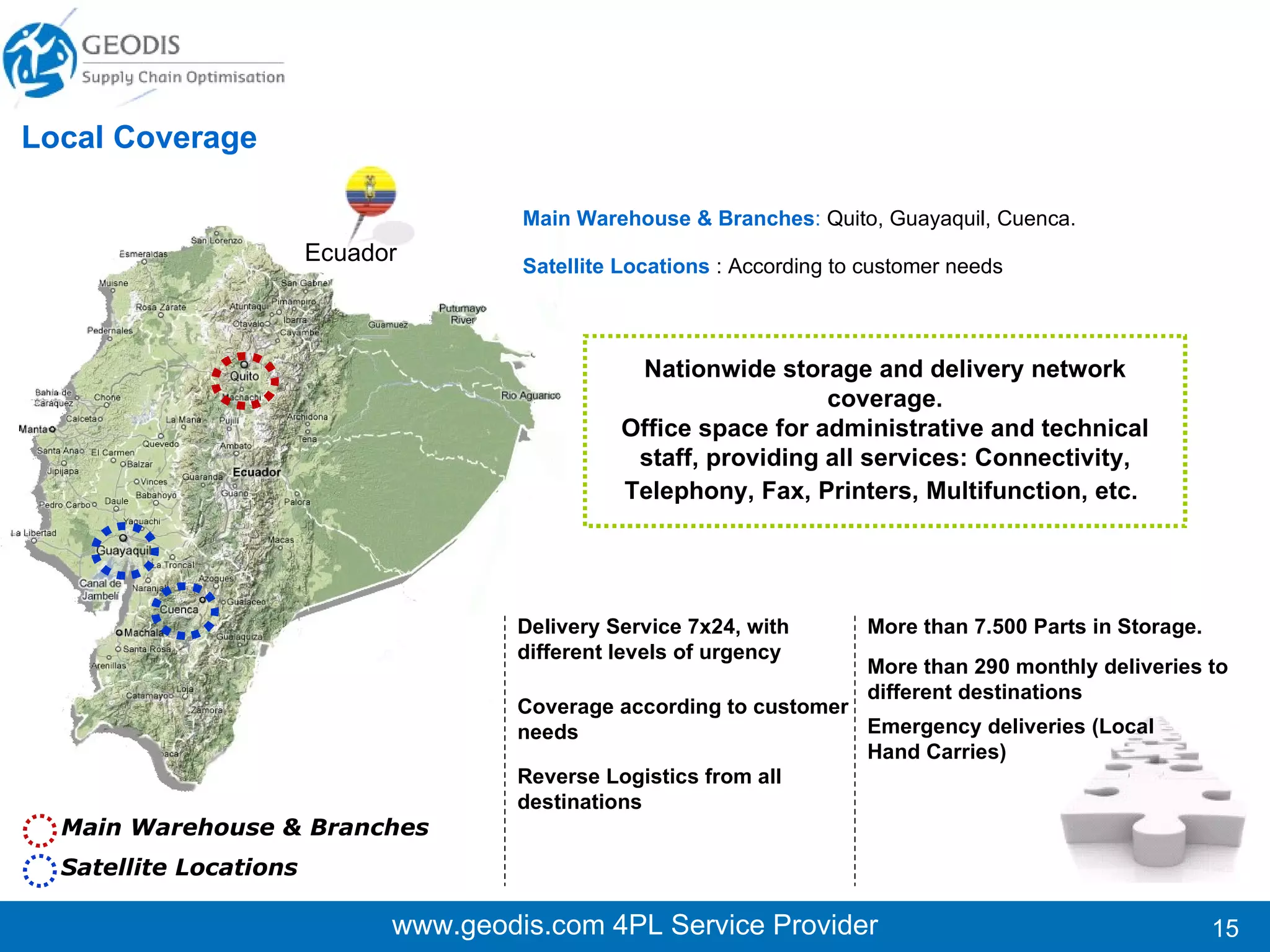 www.geodis.com 4PL Service Provider Local Coverage Main Warehouse & Branches :   Bogotá, Medellin, Cali, Barranquilla, Bucaramanga, Pereira. Satellite Locations :  Leticia, Apartado, El peñol, Itagui, Guarne, Yarumal, Arauca, Baranoa, Malambo, Puerto Colombia, Sabanagrande, Cartagena, Mompos, Turbaco, Zambrano, Boyaca, Duitama, Moniquira, Quibdo, Monteria, Ibague.  Delivery Service 7x24 with different levels of urgency Coverage according to customer needs More than 60.342 Parts in Storage More than 200  daily deliveries to different destinations  Reverse Logistics from all destinations Colombia Emergency deliveries (Local Hand Carries) Nationwide storage and delivery network coverage. (about 530 cities and remote towns at the National). Office space for administrative and technical staff, providing all services: Connectivity, Telephony, Fax, Printers, Multifunction, etc.   Main Warehouse & Branches Satellite Locations 