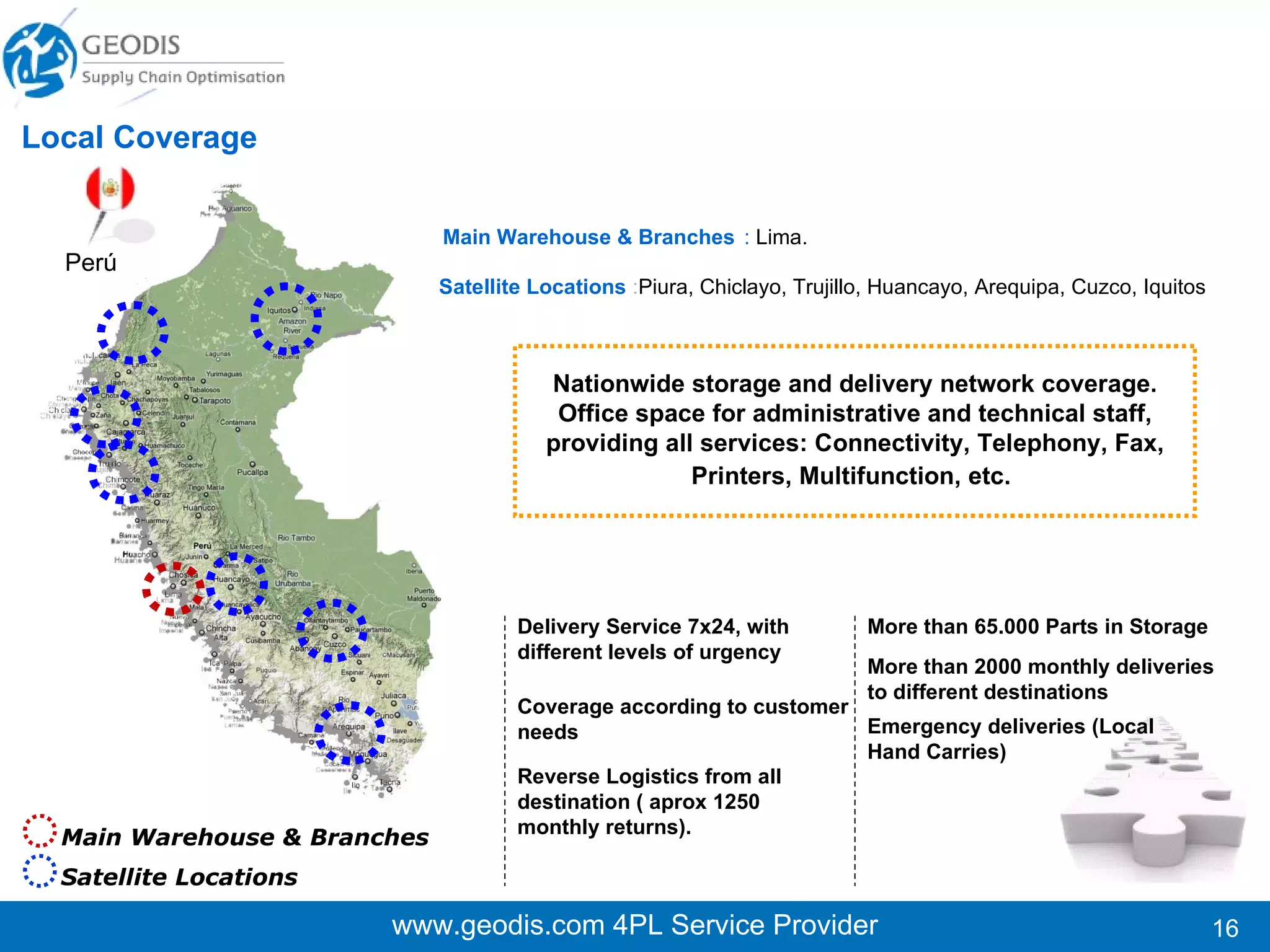 www.geodis.com 4PL Service Provider Local Coverage Delivery Service 7x24, with different levels of urgency More than 7.500 Parts in Storage. More than 290  monthly deliveries to different destinations  Ecuador Main Warehouse & Branches :   Quito, Guayaquil, Cuenca. Satellite Locations   :  According to customer needs   Coverage according to customer needs  Reverse Logistics from all destinations  Emergency deliveries (Local Hand Carries) Nationwide storage and delivery network coverage. Office space for administrative and technical staff, providing all services: Connectivity, Telephony, Fax, Printers, Multifunction, etc.   Main Warehouse & Branches Satellite Locations 