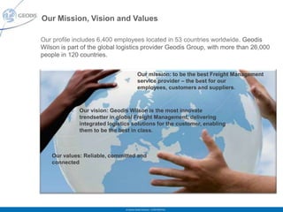 Our Mission, Vision and Values

Our profile includes 6,400 employees located in 53 countries worldwide. Geodis
Wilson is part of the global logistics provider Geodis Group, with more than 26,000
people in 120 countries.


                                           Our mission: to be the best Freight Management
                                           service provider – the best for our
                                           employees, customers and suppliers.



              Our vision: Geodis Wilson is the most innovate
              trendsetter in global Freight Management, delivering
              integrated logistics solutions for the customer, enabling
              them to be the best in class.



    Our values: Reliable, committed and
    connected




                                © Geodis Global Solutions – CONFIDENTIAL
 