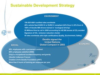 Sustainable Development Strategy *Internal STC survey carried out in 2007 Geodis signed the   United   Nations Global Compact in 2003 159 ISO14001-certified sites worldwide 49% vehicle fleet EURO IV or EURO V compliant (24% Euro 5, 25% Euro 4) 100% of Geodis BM drivers trained in “ecological driving” 55 Millions Kms by rail in 2009 accounting for 48 500 tonnes of CO 2  avoided Signature of CO 2   emission reduction charter 55 sites worldwide with triple certification( Quality, Environment, Safety) 95% employees with a permanent contract 80% employees satisfied (2008) Drop in occupational accident frequency and gravity (Geodis Calberson France) Creation of the Geodis Foundation (2007) More than 8 hours of training per employee per year ENVIRONMENT SOCIAL ECONOMIC 