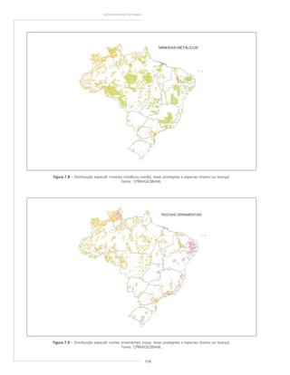 104
GEODIVERSIDADE DO BRASIL
Figura 7.8Figura 7.8Figura 7.8Figura 7.8Figura 7.8 – Distribuição espacial: minerais metálicos (verde); áreas protegidas e especiais (trama cor laranja).
Fonte: CPRM/GEOBANK.
Figura 7.9Figura 7.9Figura 7.9Figura 7.9Figura 7.9 – Distribuição espacial: rochas ornamentais (rosa); áreas protegidas e especiais (trama cor laranja).
Fonte: CPRM/GEOBANK.
 