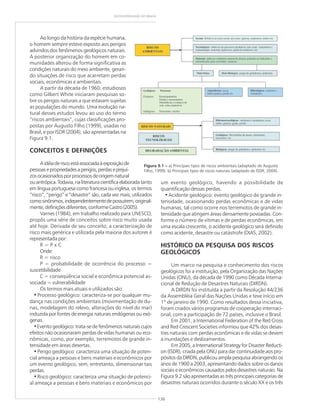 136
GEODIVERSIDADE DO BRASIL
Ao longo da história da espécie humana,
o homem sempre esteve exposto aos perigos
advindos dos fenômenos geológicos naturais.
A posterior organização do homem em co-
munidades alterou de forma significativa as
condições naturais do meio ambiente, geran-
do situações de risco que acarretam perdas
sociais, econômicas e ambientais.
A partir da década de 1960, estudiosos
como Gilbert White iniciaram pesquisas so-
bre os perigos naturais a que estavam sujeitas
as populações do mundo. Uma evolução na-
tural desses estudos levou ao uso do termo
“riscos ambientais”, cujas classificações pro-
postas por Augusto Filho (1999), usadas no
Brasil, e por ISDR (2004), são apresentadas na
Figura 9.1.
CONCEITOS E DEFINIÇÕES
Aidéiaderiscoestáassociadaàexposiçãode
pessoasepropriedadesaperigos,perdaseprejuí-
zosocasionadosporprocessosdeorigemnatural
ouantrópica.Todavia,naliteraturacientíficaelaboradatanto
em língua portuguesa como francesa ou inglesa, os termos
“risco”, “perigo” e “desastre” são, cada vez mais, utilizados
comosinônimos,independentementedepossuírem,original-
mente,definiçõesdiferentes,conformeCastro(2005).
Varnes (1984), em trabalho realizado para UNESCO,
propôs uma série de conceitos sobre risco muito usada
até hoje. Derivada de seu conceito, a caracterização de
risco mais genérica e utilizada pela maioria dos autores é
representada por:
R = P x C
Onde:
R = risco
P = probabilidade de ocorrência do processo =
suscetibilidade
C = conseqüência social e econômica potencial as-
sociada = vulnerabilidade
Os termos mais atuais e utilizados são:
• Processo geológico: caracteriza-se por qualquer mu-
dança nas condições ambientais (movimentação de du-
nas, modelagem do relevo, alterações do nível do mar)
induzida por fontes de energia naturais endógenas ou exó-
genas.
•Evento geológico: trata-se de fenômenos naturais cujos
efeitos não ocasionaram perdas de vidas humanas ou eco-
nômicas, como, por exemplo, terremotos de grande in-
tensidade em áreas desertas.
• Perigo geológico: caracteriza uma situação de poten-
cial ameaça a pessoas e bens materiais e econômicos por
um evento geológico, sem, entretanto, dimensionar tais
perdas.
• Risco geológico: caracteriza uma situação de potenci-
al ameaça a pessoas e bens materiais e econômicos por
um evento geológico, havendo a possibilidade de
quantificação dessas perdas.
• Acidente geológico: evento geológico de grande in-
tensidade, ocasionando perdas econômicas e de vidas
humanas, tal como ocorre nos terremotos de grande in-
tensidade que atingem áreas densamente povoadas. Con-
forme o número de vítimas e de perdas econômicas, em
uma escala crescente, o acidente geológico será definido
como acidente, desastre ou catástrofe (DIAS, 2002).
HISTÓRICO DA PESQUISA DOS RISCOS
GEOLÓGICOS
Um marco na pesquisa e conhecimento dos riscos
geológicos foi a instituição, pela Organização das Nações
Unidas (ONU), da década de 1990 como Década Interna-
cional de Redução de Desastres Naturais (DIRDN).
A DIRDN foi instituída a partir da Resolução 44/236
da Assembléia Geral das Nações Unidas e teve início em
1º de janeiro de 1990. Como resultados dessa iniciativa,
foram criados vários programas de cooperação internaci-
onal, com a participação de 72 países, inclusive o Brasil.
Em 2001, a International Federation of the Red Cross
and Red Crescent Societies informou que 42% dos desas-
tres naturais com perdas econômicas e de vidas se devem
a inundações e deslizamentos.
Em 2005, a International Strategy for Disaster Reducti-
on (ISDR), criada pela ONU para dar continuidade aos pro-
pósitos da DIRDN, publicou ampla pesquisa abrangendo os
anos de 1900 a 2003, apresentando dados sobre os danos
sociais e econômicos causados pelos desastres naturais. Na
Figura 9.2 são apresentadas as três principais categorias de
desastres naturais ocorridos durante o século XX e os três
Figura 9.1 ––––– a) Principais tipos de riscos ambientais (adaptado de Augusto
Filho, 1999). b) Principais tipos de riscos naturais (adaptado de ISDR, 2004).
 