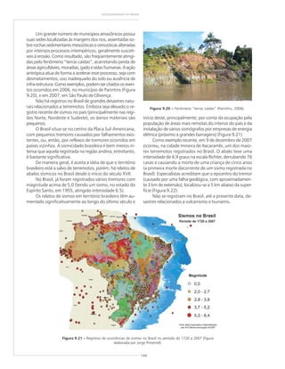 144
GEODIVERSIDADE DO BRASIL
Figura 9.21 ––––– Registros de ocorrências de sismos no Brasil no período de 1720 a 2007 (figura
elaborada por Jorge Pimentel).
Figura 9.20 ––––– Fenômeno “terras caídas” (Parintins, 2006).
Um grande número de municípios amazônicos possui
suas sedes localizadas às margens dos rios, assentadas so-
bre rochas sedimentares mesozóicas e cenozóicas alteradas
por intensos processos intempéricos, geralmente suscetí-
veis à erosão. Como resultado, são freqüentemente atingi-
das pelo fenômeno “terras caídas”, acarretando perda de
áreasagricultáveis,moradias,gadoevidashumanas.Aação
antrópica atua de forma a acelerar esse processo, seja com
desmatamentos, uso inadequado do solo ou ausência de
infra-estrutura.Comoexemplos,podemsercitadososeven-
tos ocorridos em 2006, no município de Parintins (Figura
9.20), e em 2007, em São Paulo de Olivença.
Não há registros no Brasil de grandes desastres natu-
rais relacionados a terremotos. Embora seja elevado o re-
gistro recente de sismos no país (principalmente nas regi-
ões Norte, Nordeste e Sudeste), os danos materiais são
pequenos.
O Brasil situa-se no centro da Placa Sul-Americana,
com pequenos tremores causados por falhamentos exis-
tentes, ou, então, por reflexos de tremores ocorridos em
países vizinhos. A sismicidade brasileira é bem menos in-
tensa que aquela registrada na região andina; entretanto,
é bastante significativa.
De maneira geral, é aceita a idéia de que o território
brasileiro está a salvo de terremotos, porém, há relatos de
abalos sísmicos no Brasil desde o início do século XVII.
No Brasil, já foram registrados vários tremores com
magnitude acima de 5,0 (tendo um sismo, no estado do
Espírito Santo, em 1955, atingido intensidade 6.5).
Os relatos de sismos em território brasileiro têm au-
mentado significativamente ao longo do último século e
início deste, principalmente, por conta da ocupação pela
população de áreas mais remotas do interior do país e da
instalação de vários sismógrafos por empresas de energia
elétrica (próximo a grandes barragens) (Figura 9.21).
Como exemplo recente, em 9 de dezembro de 2007
ocorreu, na cidade mineira de Itacarambi, um dos maio-
res terremotos registrados no Brasil. O abalo teve uma
intensidade de 4,9 graus na escala Richter, derrubando 76
casas e causando a morte de uma criança de cinco anos
(a primeira morte decorrente de um sismo registrada no
Brasil). Especialistas acreditam que o epicentro do tremor
(causado por uma falha geológica, com aproximadamen-
te 3 km de extensão), localizou-se a 5 km abaixo da super-
fície (Figura 9.22).
Não se registram no Brasil, até a presente data, de-
sastres relacionados a vulcanismo e tsunamis.
 