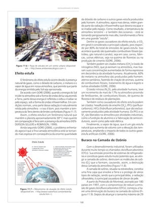 168
GEODIVERSIDADE DO BRASIL
de dióxido de carbono e outros gases-estufa produzidos
pelo homem. A atmosfera, agora mais densa, retém gran-
de parte da radiação infravermelha que deveria escapar e
se irradiar pelo espaço. Como resultado, a temperatura da
atmosfera terrestre – e também dos oceanos – está se
tornando perigosamente mais alta, transformando a Terra
em uma grande “estufa”.
Dentre os gases causadores do efeito estufa, o CO2
em geral é considerado o principal culpado, pois respon-
de por 80% do total de emissões de gases-estufa. Isso
acontece quando são queimados combustíveis fósseis (pe-
tróleo, gás natural e carvão), seja em casa, carros, fábri-
cas, usinas elétricas, seja na queima de florestas ou na
produção de cimento (GORE, 2006).
Também podem ser citados metano (CH4
) e óxido de
nitrogênio (NO), que já existiam na atmosfera, mas tive-
ram suas concentrações aumentadas de forma expressiva
em decorrência da atividade humana. Atualmente, 60%
do metano na atmosfera são produzidos pelo homem:
aterros sanitários, fazenda de criação de animais, queima
de combustíveis fósseis, tratamento de água e esgoto e
outras atividades (GORE, 2006).
O óxido nitroso (N2
O), pela atividade humana, teve
um incremento de mais de 17% na atmosfera provindo
de fertilizantes, de combustíveis fósseis, de queima de
floresta e de resíduos de plantações.
Também como causadores do efeito estufa podem
ser citados: hexafluoreto de enxofre (SF6
), PFCs (perfluor-
carbonos), HFCs (hidrofluorcarbonetos), que são exclusi-
vamente produzidos pela atividade humana. Os PFCs e os
SF6
são liberados na atmosfera por atividades industriais,
como a fundição de alumínio e a fabricação de semicon-
dutores, assim como pela rede elétrica.
Finalmente, o vapor de água, que é um gás-estufa
natural que aumenta de volume com a elevação das tem-
peraturas, ampliando o impacto de todos os outros gases-
estufa artificiais (GORE, 2006).
Buraco na Camada de Ozônio
Com o desenvolvimento industrial, foram utilizados
durante muito tempo os chamados clorofluorcabonetos
(CFCs). Sua emissão provinha de sistemas de refrigerado-
res e constituía gases-estufa muito potentes que, ao atin-
gir a camada de ozônio, destruíam as moléculas de ozô-
nio (O3
) que a formam, causando, assim, a destruição
dessa camada da atmosfera (Figura 11.8).
A camada de ozônio, situada na estratosfera, constitui
uma fina capa que envolve a Terra e a protege de vários
tipos de radiação, sendo que a principal delas, a radiação
ultravioleta, é a principal causadora de câncer de pele.
A partir do Protocolo de Montreal, assinado por 180
países em 1997, com o compromisso de reduzir a emis-
são de gases clorofluorcarbonetos (CFCs), começou a ha-
ver uma diminuição do buraco na camada de ozônio (Fi-
gura 11.9). Depois de alcançar o tamanho máximo de 29
Figura 11.6 ––––– Fluxo de veículos em um centro urbano (disponível
em: <http://www.ambienteecologico.com>).
Efeito estufa
O fenômeno do efeito estufa ocorre devido à presença
natural de gases, como o dióxido de carbono, o metano e o
vapor de água em nossa atmosfera, que permite que parte
da energia emitida pelo Sol seja aprisionada.
De acordo com GORE (2006), quando a energia do Sol
incidenaatmosferasobaformadeondasdeluzaquecendo
a Terra, parte dessa energia é refletida e volta a irradiar-se
pelo espaço, sob a forma de ondas infravermelhas. Em con-
dições normais, uma parte dessa radiação é naturalmente
retida pela atmosfera – e isso é bom, pois mantém a tem-
peraturadaTerradentrodelimitesconfortáveis(Figura11.7).
Assim, o efeito estufa é um fenômeno natural que
mantém o planeta aproximadamente 30º C mais quente
em comparação à Terra sem a presença da atmosfera (HEN-
DERSON-SELLERS e ROBINSON, 1999).
Ainda segundo GORE (2006), o problema enfrenta-
do agora é que a fina camada atmosférica está se tornan-
do mais espessa em conseqüência da enorme quantidade
Figura 11.7 ––––– Mecanismos de atuação do efeito estufa
(disponível em: <http://www.rudzerhost.com/ambiente/
estufa.htm>).
 