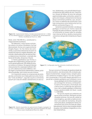16
GEODIVERSIDADE DO BRASIL
Oeste, entre 750-490 M.a., constituíram o
megacontinente Gondwana.
No Paleozóico, novas massas continen-
tais vieram a se somar a Gondwana. Ao final
desse período, formou-se o supercontinente
Pangéia (Figura 1.6). No interior dos conti-
nentes, os processos extensionais atuaram no
sentido de originar as regiões rebaixadas, per-
mitindo o desenvolvimento de extensas baci-
as deposicionais (sinéclises), a exemplo das
bacias do Parnaíba, Amazonas e Paraná.
A mesma geodinâmica que formou o
Pangéiaveioafragmentá-lo,processoquecon-
sumiuaproximadamente100milhõesdeanos,
no Jurássico e Cretáceo. De especial interesse
nesse processo foi a separação de Brasil e Áfri-
ca, com a abertura do oceano Atlântico, dan-
do origem a inúmeras bacias sedimentares costeiras, porta-
doras de petróleo, sais e outros recursos minerais.
Um importante avanço na compreensão da evolu-
ção dos continentes nos é dado pela teoria dos chama-
dos “Ciclos de Wilson”, segundo a qual os continentes
passam por ciclos de colisão e afastamento uns dos ou-
tros, obedecendo a uma periodicidade de apro-
ximadamente 500 milhões de anos. Dessa for-
ma, através de bilhões de anos de evolução
experimentados pelos continentes, existem re-
gistros de choques e afastamento de diversas
placas continentais pretéritas, que, aos pou-
cos, foram se soldando até constituírem o que
hoje conhecemos como América do Sul e os
demais continentes (Figura 1.7).
Somente é possível entender o arcabouço
geológico se tivermos em mente a teoria da
migração das placas tectônicas, segundo a qual
os continentes se movem sobre as camadas
mais internas da Terra, devido a movimentos
convectivos sob grandes temperaturas (Figura
1.8).
No que concerne à formação da geodiversidade do
território brasileiro, são destacadas três condições geo-
lógicas fundamentais: margens ativas, margens passi-
vas e ambiente intraplaca (Figura 1.9). Elas nos permi-
tem compreender a intrincada relação geométrico-es-
pacial das unidades geológicas que compõem o arca-
bouço geológico do território brasileiro que,
por conseguinte, forneceu o embasamen-
to teórico factual para a formulação dos
critérios para a subdivisão dos geossiste-
mas e das unidades geológico-ambientais
(mapa geodiversidade do Brasil, escala
1:2.500.000).
No que diz respeito aos ambientes em
que as rochas se formam, distinguem-se duas
situações extremas: (a) zona de colisão ou
zona orogênica, que cedo ou tarde vai cons-
tituir uma cadeia de montanhas; (b) parte
interna das placas, protegida do intenso me-
tamorfismo que ocorre nas faixas de colisão.
Naturalmente, entre as duas situações existem
situações intermediárias margeando os cintu-
rões metamórficos.
Figura 1.5 ––––– Supercontinente Rodínia, formado aproximadamente há 1,1 bilhão
de anos (Mesoproterozóico), começando a se fragmentar há, aproximadamente,
750 M.a. (modificado de Press et al., 2006).
Figura 1.6 ––––– Desenho esquemático do supercontinente Pangéia, já agregado, há
237 M.a., no Triássico Inferior, circundado pelo superoceano Pantalassa (do grego
‘todos os mares’) (modificado de Press et al., 2006).
Figura 1.7 ––––– Configuração atual dos continentes (modificado de Press et al.,
2006).
 