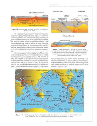 17
COMEÇO DE TUDO
Cassio Roberto da Silva, Maria Angélica B. Ramos, Augusto José Pedreira, Marcelo E. Dantas
Figura 1.8 ––––– Movimentação das placas tectônicas (modificado de
Teixeira et al., 2000).
Figura 1.9 –a/b::::: apresentam o perfil de um limite de placa
convergente mostrando as principais feições geológicas formadas e
as associações de rochas relacionadas; c: fragmentação de uma
massa continental e desenvolvimento de margens continentais
passivas (modificado de Teixeira et al., 2000).
No auge da evolução dos cinturões orogênicos, tere-
mos a formação, preferencialmente, das chamadas rochas
cristalinas, plutônicas e metamórficas; enquanto nas por-
ções intraplaca depositar-se-ão as coberturas sedimenta-
res, associadas a vulcanismo de grandes dimensões. Cabe
ainda salientar que, no lado oposto da zona colisional,
entre duas placas, forma-se, normalmente, uma margem
passiva, onde predomina a tectônica distensional, dando
origem à atual plataforma marinha brasileira, por exem-
plo.
Nos tempos atuais, América do Sul e África estão
se afastando a alguns centímetros por ano. Esse afasta-
mento contínuo, iniciado há cerca de 200 milhões de
anos, deu origem ao oceano Atlântico. No outro lado
do continente sul-americano, contudo, a partir do final
do Cretáceo, tem-se o choque da Placa de Nazca (ba-
sáltica), que afunda sobre a América do Sul, dando ori-
gem a duas grandes feições geológicas: a Cadeia Andi-
na, que se eleva a quase seis mil metros de altura, e um
intenso magmatismo plutonovulcânico, decorrente da
fusão de camadas internas da crosta, devido ao grande
calor gerado ao longo da zona de subducção da Placa
de Nazca (Figura 1.10).
Figura 1.10 ––––– Distribuição geográfica das placas tectônicas da Terra. Os números representam as velocidades em cm/ano
entre as placas; as setas, os sentidos do movimento (modificado de Teixeira et al., 2000).
 