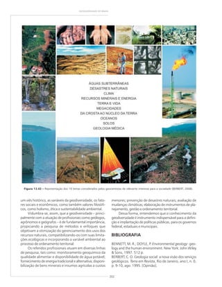 202
GEODIVERSIDADE DO BRASIL
Figura 13.43 ––––– Representação dos 10 temas considerados pelos geocientistas de relevante interesse para a sociedade (BERBERT, 2008).
um viés histórico, as variáveis da geodiversidade, os fato-
res sociais e econômicos, como também valores filosófi-
cos, como holismo, ética e sustentabilidade ambiental.
Vislumbra-se, assim, que a geodiversidade – princi-
palmente com a atuação de profissionais como geólogos,
agrônomos e geógrafos – é de fundamental importância,
propiciando a pesquisa de métodos e enfoques que
objetivam a otimização do gerenciamento dos usos dos
recursos naturais, compatibilizando-os com suas limita-
ções ecológicas e incorporando a variável ambiental ao
processo de ordenamento territorial.
Os referidos profissionais atuam em diversas linhas
de pesquisa, tais como: monitoramento geoquímico da
qualidade alimentar e disponibilidade de água potável;
fornecimento de energia tradicional e alternativa; disponi-
bilização de bens minerais e insumos agrícolas a custos
menores; prevenção de desastres naturais; avaliação de
mudanças climáticas; elaboração de instrumentos de pla-
nejamento, gestão e ordenamento territorial.
Dessa forma, entendemos que o conhecimento da
geodiversidade é instrumento indispensável para a defini-
ção e implantação de políticas públicas, para os governos
federal, estaduais e municipais.
BIBLIOGRAFIA
BENNETT, M. R.; DOYLE, P. Environmental geology: geo-
logy and the human environment. New York: John Wiley
& Sons, 1997. 512 p.
BERBERT, C. O. Geologia social: a nova visão dos serviços
geológicos. Terra em Revista, Rio de Janeiro, ano I, n. 0,
p. 9-10, ago. 1995. [Opinião].
 