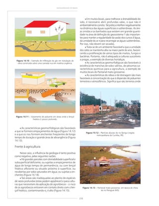 210
GEODIVERSIDADE DO BRASIL
Figura 14.10 – Exemplo de infiltração de gás em tubulação de
obra construída sobre uma camada rica em matéria orgânica.
Figura 14.11 – Vazamento de poluente em áreas onde o lençol
freático é pouco profundo.
• As características geomorfológicas são favoráveis
a que se formem empoçamentos de água (Figura 14.12)
e a que os rios formem enchentes freqüentes de longo
tempo de duração e grande área de abrangência (Figura
14.13).
Frente à agricultura
Nesse caso, a influência da geologia é tanto positiva
como negativa, pelas seguintes razões:
• Há grandes parcelas com drenabilidade superficial e
subsuperficial deficiente; ou sujeitas a empoçamentos de
água de longo tempo de permanência; ou com lençol
freático aflorante ou situado próximo à superfície; ou
recobertas por solos saturados em água; ou sujeitas a en-
chentes (Figura 14.14).
• Tais áreas são inadequadas ao plantio de espécies
de raízes profundas (estas podem apodrecer) e para cultu-
ras que necessitam da aplicação de agrotóxicos – o risco
de os agrotóxicos entrarem em contato direto com o len-
çol freático, contaminando-o, é alto (Figura 14.15).
Figura 14.12 – Planícies aluviais do rio Barigui (região
metropolitana de Curitiba, PR).
Figura 14.13 – Pantanal mato-grossense, em época de cheia
do rio Paraguai (MS).
• Em muitos locais, para melhorar a drenabilidade do
solo, é necessário abrir profundas valas, o que não é
ambientalmentecorreto.Talpráticainterferenegativamente
na dinâmica das águas superficiais e subterrâneas. As áre-
as úmidas e os banhados que existem em grande quanti-
dade na área de definição do geossistema 1 são importan-
tes para manter a regularidade da vazão dos cursos d’água,
da umidade do ar e para recarregar as águas subterrâneas.
Por isso, não devem ser secadas.
• Trata-se de um ambiente favorável a que a umidade
dos solos se mantenha alta na maior parte do ano, favore-
cendo a proliferação de vários tipos de insetos, fungos e
bactérias. Portanto, não é adequado a culturas suscetíveis
a pragas, a exemplo de diversas hortaliças.
• As características geomorfológicas são favoráveis à
existência de manchas de solos salinos, de péssimas ca-
racterísticas químicas para a agricultura, a exemplo de
muitos locais do Pantanal mato-grossense.
• As características do relevo e de drenagem são mais
favoráveis à concentração do que à dispersão de poluentes
terrestres e atmosféricos. Significa que são terrenos onde
 