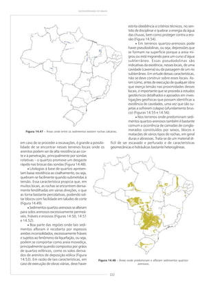 222
GEODIVERSIDADE DO BRASIL
Figura 14.47 – Áreas onde entre os sedimentos existem rochas calcárias.
Figura 14.48 – Áreas onde predominam e afloram sedimentos quartzo-
arenosos.
em caso de se proceder a escavações, é grande a possibi-
lidade de se encontrar nesses terrenos locais onde os
arenitos podem ser de alta resistência ao cor-
te e à penetração, principalmente por sondas
rotativas – o quartzo promove um desgaste
rápido nas brocas das sondas (Figura 14.48).
• Litologias à base de quartzo apresen-
tam baixa resistência ao cisalhamento, ou seja,
quebram-se facilmente quando submetidas à
tensão. Essa característica propicia que, em
muitos locais, as rochas se encontrem densa-
mente fendilhadas em várias direções, o que
as torna bastante percolativas, podendo sol-
tar blocos com facilidade em taludes de corte
(Figura 14.49).
• Sedimentosquartzo-arenosossealteram
para solos arenosos excessivamente permeá-
veis, friáveis e erosivos (Figuras 14.50, 14.51
e 14.52).
• Boa parte das regiões onde tais sedi-
mentos afloram é recoberta por espessos
areiões inconsolidados, excessivamente friáveis
e sujeitos ao fenômeno da liquefação, ou seja,
podem se comportar como areia movediça,
principalmente quando compostos por grãos
de quartzo esféricos, como os solos deriva-
dos de arenitos de deposição eólica (Figura
14.53). Em razão de tais características, em
caso de execução de obras viárias, deve haver
estrita obediência a critérios técnicos, no sen-
tido de disciplinar e quebrar a energia da água
das chuvas, bem como proteger contra a ero-
são (Figura 14.54).
• Em terrenos quartzo-arenosos pode
haver pseudodolinas, ou seja, depressões que
se formam na superfície porque a areia mi-
grou ou está migrando para um curso d’água
subterrâneo. Essas pseudodolinas são
indicativas da existência, nesses locais, de uma
cavidade (caverna) ou da passagem de um rio
subterrâneo. Em virtude dessas características,
não se deve construir sobre esses locais. As-
sim como, antes de execução de qualquer obra
que exerça tensão nas proximidades desses
locais, é importante que se proceda a estudos
geotécnicos detalhados e apoiados em inves-
tigações geofísicas que possam identificar a
existência de cavidades, uma vez que são su-
jeitas a sofrerem colapso (afundamento brus-
co) (Figuras 14.55 e 14.56).
• Nos terrenos onde predominam sedi-
mentos quartzo-arenosos também é bastante
comum a ocorrência de camadas de conglo-
merados constituídos por seixos, blocos e
matacões de vários tipos de rochas, em geral
duras e abrasivas. Trata-se de um material di-
fícil de ser escavado e perfurado e de características
geomecânicas e hidráulicas bastante heterogêneas.
 