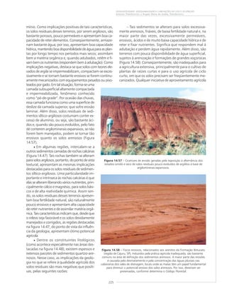 225
GEODIVERSIDADE: ADEQUABILIDADES E LIMITAÇÕES AO USO E OCUPAÇÃO
Antonio Theodorovicz e Ângela Maria de Godoy Theodorovicz
mínio. Como implicações positivas de tais características,
os solos residuais desses terrenos, por serem argilosos, são
bastante porosos, pouco permeáveis e apresentam boa ca-
pacidade de reter elementos. Conseqüentemente, armaze-
nam bastante água; por isso, apresentam boa capacidade
hídrica,mantendoboadisponibilidadedeáguaparaasplan-
tas por longo tempo nos períodos mais secos; assimilam
bem a matéria orgânica e, quando adubados, retêm e fi-
xambemosnutrientes(respondembemàadubação).Como
implicações negativas, destaca-se que solos com teores ele-
vados de argila se impermeabilizam, compactam-se exces-
sivamente e se tornam bastante erosivos se forem continu-
amente mecanizados com equipamentos pesados ou piso-
teadosporgado.Emtalsituação,forma-seuma
camada subsuperficial altamente compactada
e impermeabilizada, fenômeno conhecido
como “pé-de-grade”. Por ocasião das chuvas,
essa camada funciona como uma superfície de
deslize da camada superior, que sofre erosão
laminar. Além disso, solos residuais de sedi-
mentos síltico-argilosos costumam conter ex-
cesso de alumínio, ou seja, são bastante áci-
dos e, quando são pouco evoluídos, pelo fato
de conterem argilominerais expansivos, se não
forem bem manejados, podem se tornar tão
erosivos quanto os solos arenosos (Figura
14.57).
• Em algumas regiões, intercalam-se a
outrossedimentoscamadasderochascalcárias
(Figura 14.47). Tais rochas também se alteram
parasolosargilosos,portanto,dopontodevista
textural, apresentam as mesmas implicações
destacadas para os solos residuais de sedimen-
tos síltico-argilosos. Uma particularidade im-
portante e intrínseca às rochas calcárias é que
elassealteramliberandováriosnutrientes,prin-
cipalmente cálcio e magnésio, para solos bási-
cos e de alta reatividade química. Assim sen-
do, os solos residuais desses terrenos apresen-
tam boa fertilidade natural, são naturalmente
pouco erosivos e apresentam alta capacidade
de reter nutrientes e de assimilar matéria orgâ-
nica.Taiscaracterísticasindicamque,desdeque
o relevo seja favorável e os solos devidamente
manejados e corrigidos, as regiões destacadas
na figura 14.47, do ponto de vista da influên-
cia da geologia, apresentam ótimo potencial
agrícola.
• Dentre os constituintes litológicos
(como acontece especialmente nas áreas des-
tacadas na figura 14.48), existem espessos e
extensos pacotes de sedimentos quartzo-are-
nosos. Nesse caso, as implicações da geolo-
gia no que se refere à qualidade agrícola dos
solos residuais são mais negativas que positi-
vas, pelas seguintes razões:
Figura 14.57 – Cicatrizes de erosão geradas pela exposição à alternância dos
estados úmido e seco de solos residuais pouco evoluídos de argilitos à base de
argilominerais expansivos.
– Tais sedimentos se alteram para solos excessiva-
mente arenosos, friáveis, de baixa fertilidade natural e, na
maior parte das vezes, excessivamente permeáveis,
erosivos, ácidos e de muito baixa capacidade hídrica e de
reter e fixar nutrientes. Significa que respondem mal à
adubação e perdem água rapidamente. Além disso, são
terrenos com pouca disponibilidade de água superficial,
sujeitos à arenização e formações de grandes voçorocas
(Figura 14.58). Conseqüentemente, são inadequados para
a agricultura extensiva, principalmente para o cultivo de
plantas de raízes curtas e para o uso agrícola de ciclo
curto, em que os solos precisam ser freqüentemente me-
canizados. Qualquer iniciativa de aproveitamento agrícola
Figura 14.58 – Focos erosivos, relacionados aos arenitos da Formação Botucatu
(região de Cajuru, SP), induzidos pela prática agrícola inadequada, são bastante
comuns na área de definição dos sedimentos arenosos. A maior parte das erosões
é causada pelo desmatamento e pela concentração das águas pluviais nas
cabeceiras dos vales de drenagem, locais onde as matas têm um papel fundamental
para diminuir o potencial erosivo dos solos arenosos. Por isso, deveriam ser
preservadas, conforme determina o Código Florestal.
 