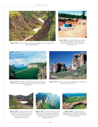 228
GEODIVERSIDADE DO BRASIL
Figura 14.62 ––––– Um curso d’água totalmente assoreado, associado aos arenitos
da Formação Marília (SP).
Figura 14.63 ––––– Lixo depositado sobre arenitos
da Formação Botucatu, área de exposição e
de recarga do Aqüífero Guarani (cabeceiras
do rio Cajuru, SP).
Figura 14.64 ––––– As belas e curiosas formas erosivas da Chapada
Diamantina, sustentadas por sedimentos da Formação Tombador
(Lençóis, BA).
Figura 14.65 ––––– Formas erosivas de Vila Velha (PR), sustentadas por
arenitos da Formação Furnas.
Figura 14.66 ––––– Formas erosivas de Sete
Cidades (PI), um magnífico monumento
natural, constituído de afloramentos
rochosos devonianos da Bacia
Sedimentar do Parnaíba.
Figura 14.67 ––––– Formas erosivas do monte
Roraima (RR), sustentadas, principalmente,
por arenitos muito antigos (mais de dois
bilhões de anos), correlacionados ao
Supergrupo Roraima.
Figura 14.68 ––––– Formas erosivas da
Chapada dos Guimarães (MT), sustentadas,
principalmente, por sedimentos devonianos
da Formação Furnas.
 